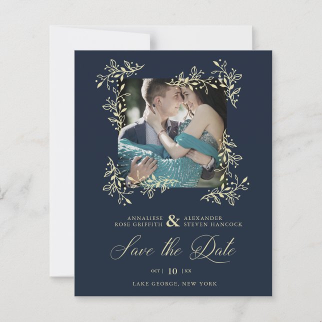 Hand Lettered Elegant Flourish Navy Photo Wedding (Front)