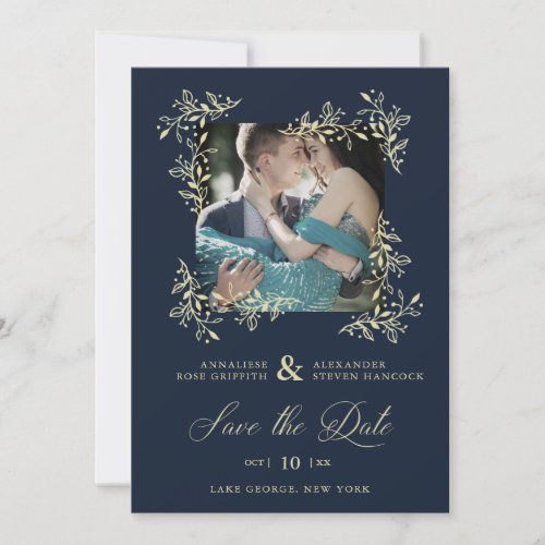 Hand Lettered Elegant Flourish Navy Photo Wedding
