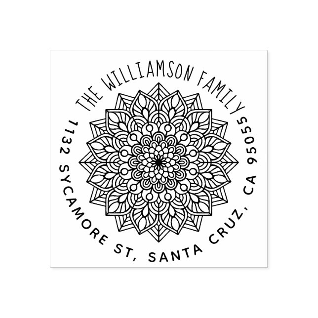 Hand Lettered Family Name Mandala Return Address Rubber Stamp (Imprint)