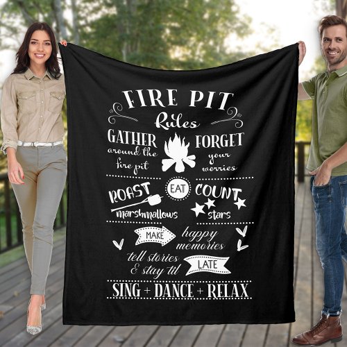 Hand Lettered Fire Pit Rules Black and White Fleece Blanket
