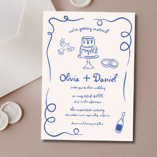 Hand Lettered French Blue Whimsical Wedding Invitation