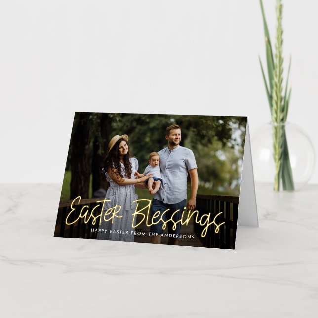 Hand-Lettered Gold Foil Easter Blessings Photo Foil Holiday Card (Front)