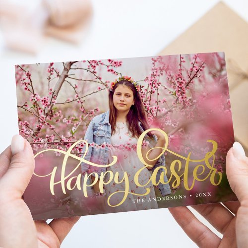 Hand_Lettered Gold Foil Script Happy Easter Photo Foil Holiday Card