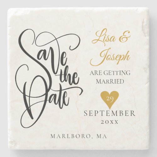 Hand Lettered Gold Heart Script Save the Date Stone Coaster