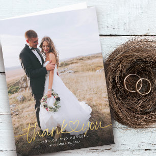 Hand Lettered Gold Script Heart Photos Wedding Letterpress Thank You Card