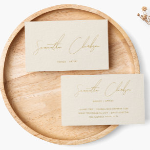 Hand-Lettered Gold Script Minimalist Cream Beige Business Card