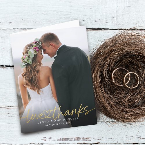 Hand Lettered Gold Script w Heart Photos Wedding Thank You Card