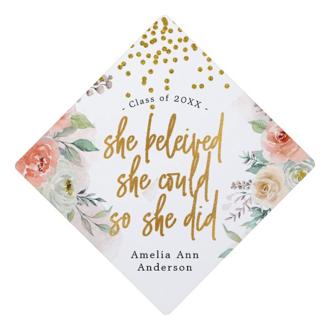 Hand Lettered Gold So She Did Delicate Floral Graduation Cap Topper (Front)