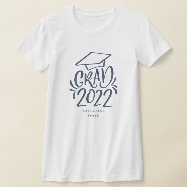Hand-lettered Grad 2022 with Name Navy Cap T-Shirt (Laydown)