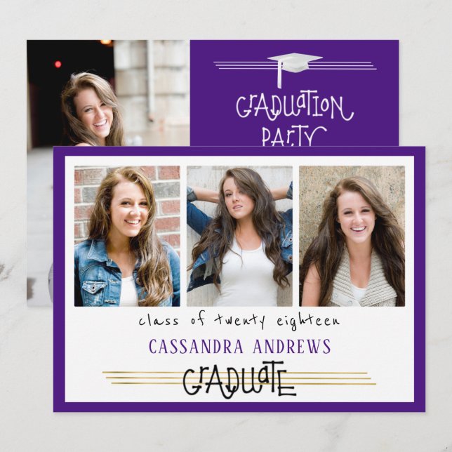 Hand Lettered Graduate | Editable Purple | 4-Photo Invitation (Front/Back)