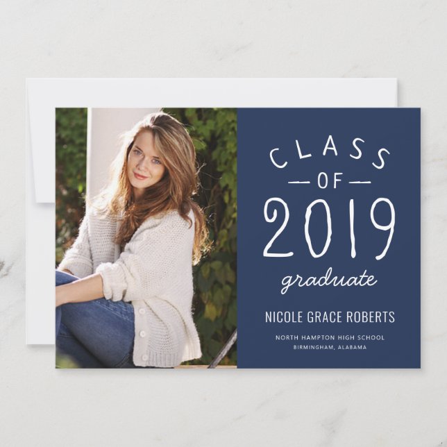 Hand Lettered Graduation Photo Announcement Blue (Front)