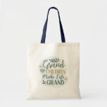 Hand Lettered Grandchildren Make Life Grand Quote Tote Bag<br><div class="desc">Grandchildren Make Life Grand Cute Typography with Color Editable Heart, Leaves, and Text - A cute hand drawn design in the Eucalyptus Green, Mint, Navy Blue, Gold, and Pine Green Colorway. All elements of the design are color editable! Features chic hand-lettered fonts, cute hand drawn elements, and a lovely color...</div>