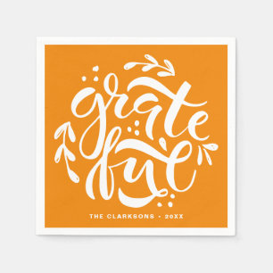 Hand Lettered Grateful Orange Thanksgiving Napkins