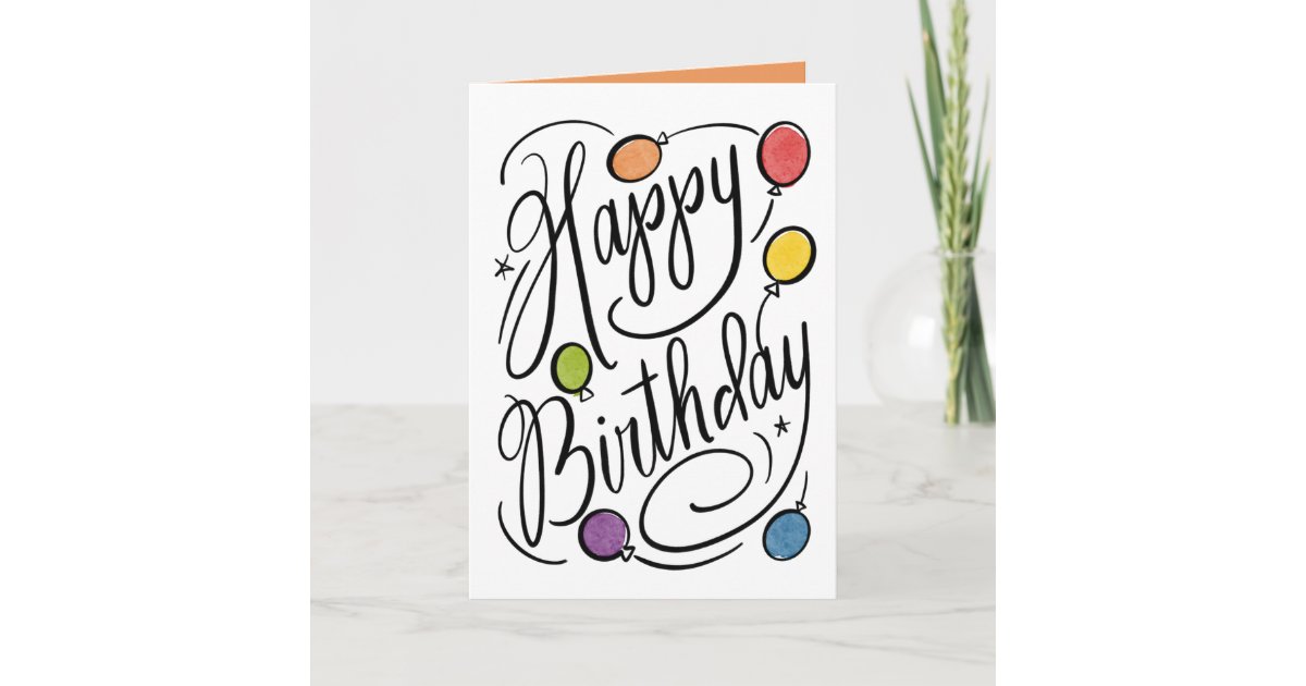 Hand-lettered Happy Birthday Rainbow Balloons Card 