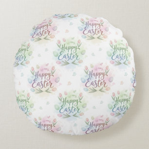 Hand-Lettered Happy Easter Watercolor Round Pillow