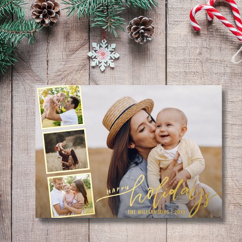 Hand Lettered Happy Holidays Photo Collage Gold Foil Invitation