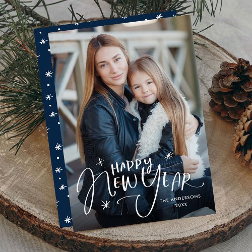 Hand_Lettered Happy New Year Navy Photo Holiday Card
