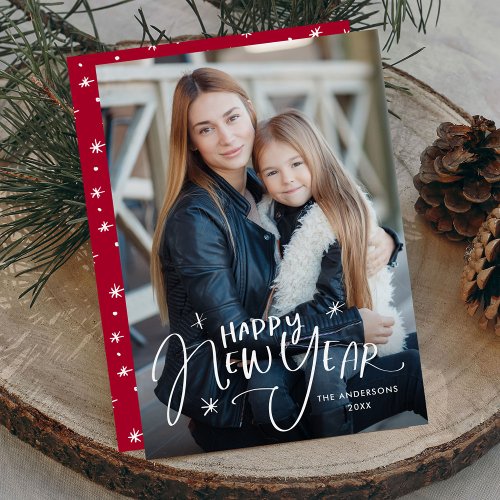 Hand_Lettered Happy New Year Red Photo Holiday Card