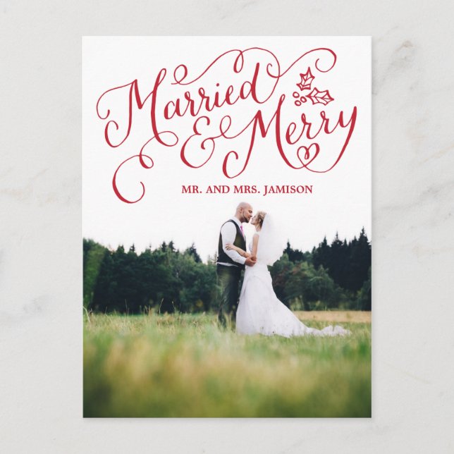 Hand Lettered Holiday Married and Merry Postcard (Front)