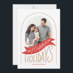 hand-lettered holidays banner globe arch holiday card<br><div class="desc">This stylish and festive holiday photo card features original hand-lettering with a banner illustration. The decorative arch can be imagined as a snow globe,  doorway,  rainbow,  bell...  etc. Customize with your own photo and text. This comes with a matching pattern on the back.</div>