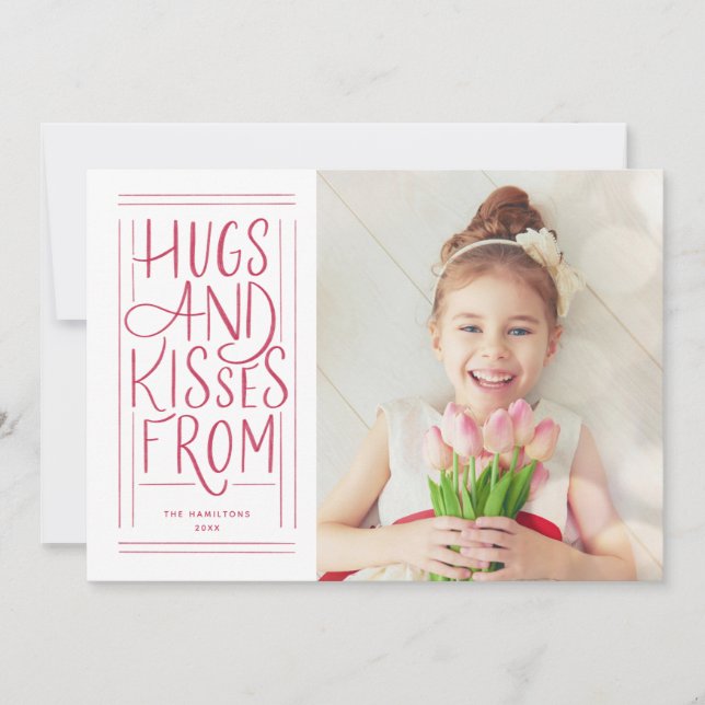 Hand-lettered Hugs and Kisses Valentine's Photo Holiday Card (Front)
