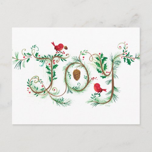 Hand lettered Joy Christmas Red Bird Postcard