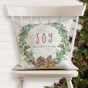 Hand Lettered JOY Family Natural Holiday Wreath Throw Pillow