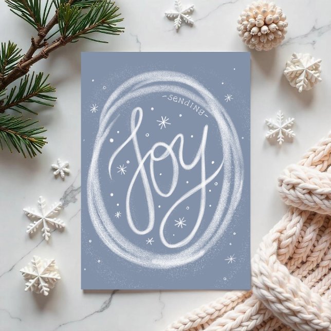 Hand-lettered Joy- Non-Photo Folded Holiday Card ("Joy"- a hand-lettered forward holiday card surrounded by swirling snow. By Clearlytangled Studio.)
