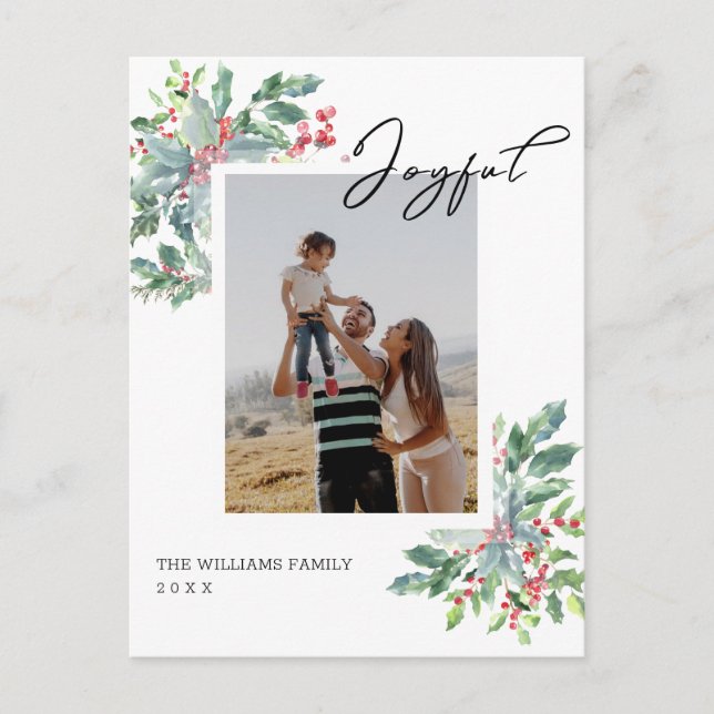Hand Lettered Joyful Custom Photo Holly Christmas Postcard (Front)