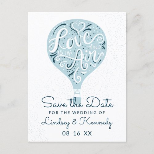 Hand Lettered Love Blue Balloon Save the Date Announcement Postcard