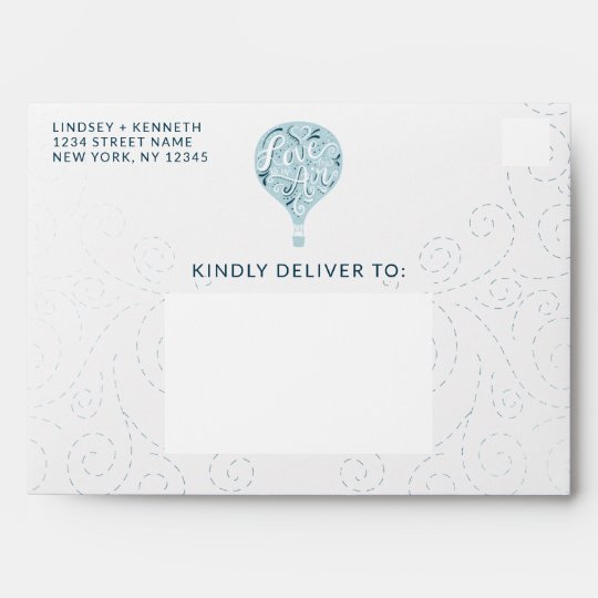 Hand Lettered Love Blue Hot Air Balloon Wedding Envelope