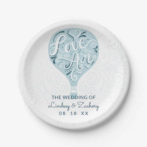 Hand Lettered Love Blue Hot Air Balloon Wedding Paper Plates