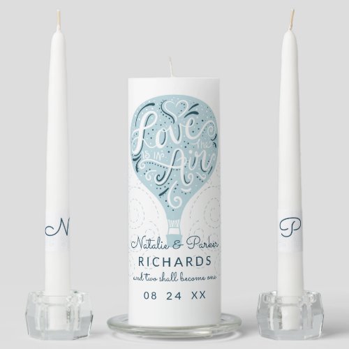 Hand Lettered Love Blue Hot Air Balloon Wedding Unity Candle Set