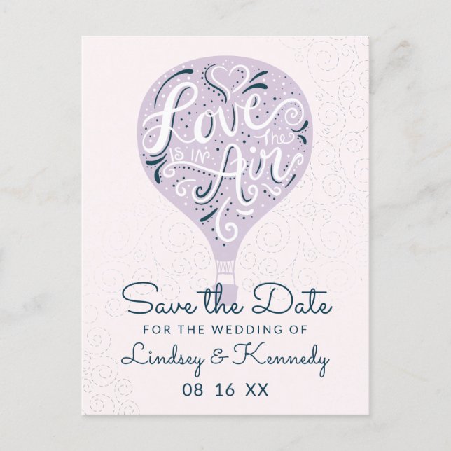 Hand Lettered Love Lavender Balloon Save the Date Announcement Postcard (Front)