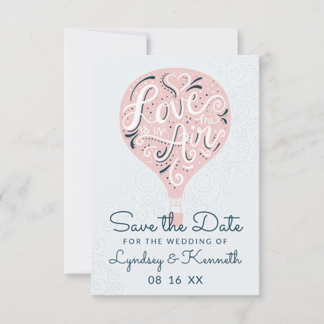 Hand Lettered Love Light Pink Hot Air Balloon Save The Date (Front)