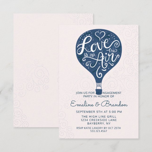 Hand Lettered Love Navy Balloon Engagement Party Invitation (Front/Back)