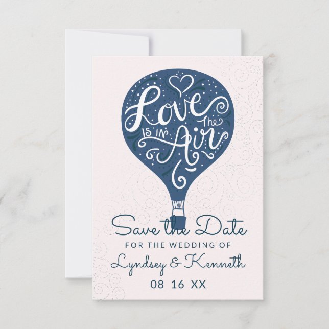 Hand Lettered Love Navy Blue Hot Air Balloon Save The Date (Front)