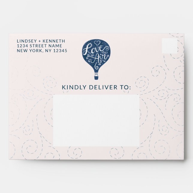 Hand Lettered Love Navy Hot Air Balloon Wedding Envelope (Front)