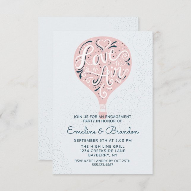 Hand Lettered Love Pink Balloon Engagement Party Invitation (Front/Back)