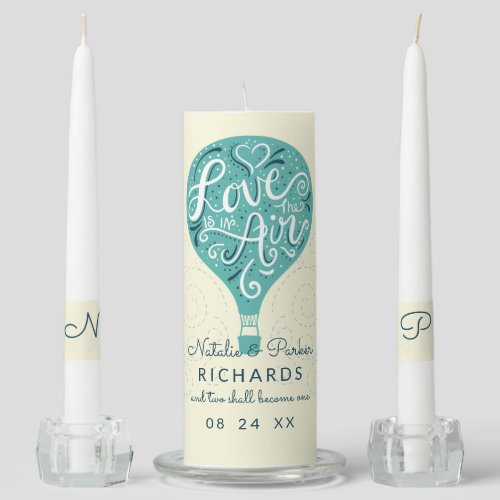Hand Lettered Love Teal Hot Air Balloon Wedding Unity Candle Set