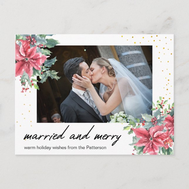 Hand Lettered Married and Merry Newly Wed Photo Holiday Postcard (Front)