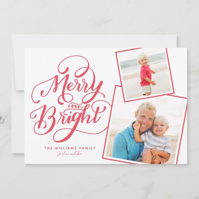 Hand Lettered Merry and Bright Christmas Snapshots Holiday Card (Front)