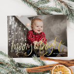 Hand-Lettered Merry and Bright Photo Foil Holiday Card<br><div class="desc">Modern Christmas photo card featuring "Merry & Bright" displayed in a hand-lettered gold foil script overlaying your horizontal photo. Personalize the front of the foil merry and bright card with your family name and the year. The card reverses to a festive red and white star pattern.</div>