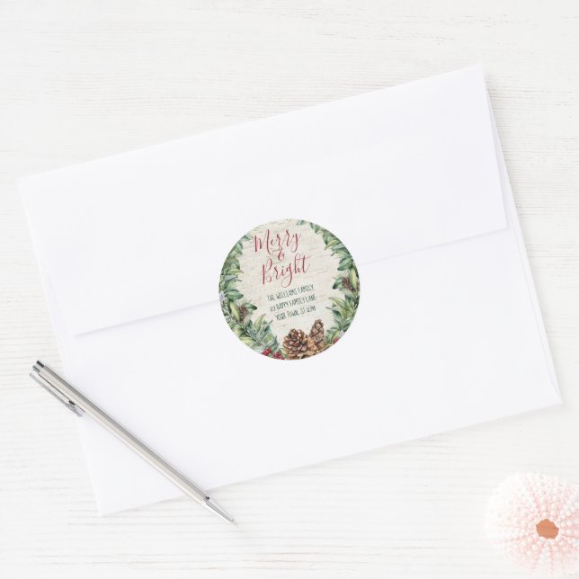 Hand Lettered Merry Bright Holiday Wreath Address Classic Round Sticker (Envelope)
