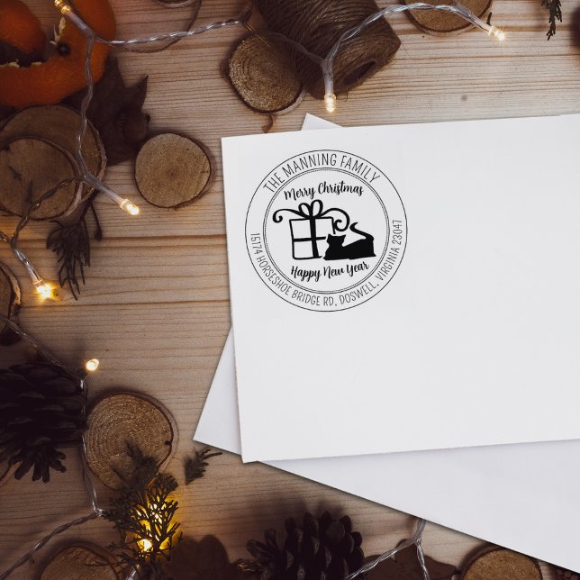 Hand Lettered Merry Christmas Cat Return Address Rubber Stamp (Creator Uploaded)