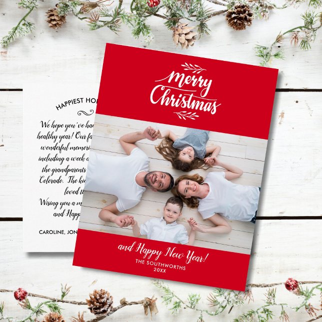 Hand Lettered Merry Christmas Family Photo Black Postcard (Creator Uploaded)