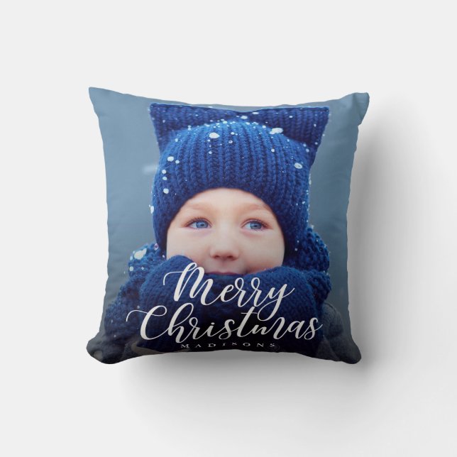 Hand Lettered Merry Christmas Holiday Photo Throw Pillow (Front)