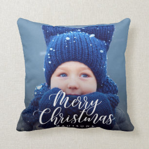 Hand Lettered Merry Christmas Holiday Photo Throw Pillow