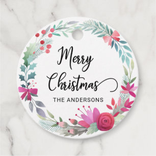 Hand lettered Merry Christmas Holly Wreath Chic Favor Tags