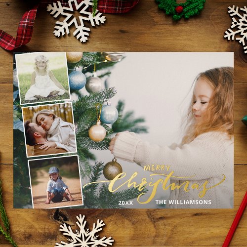 Hand Lettered Merry Christmas Photo Collage Gold Foil Invitation